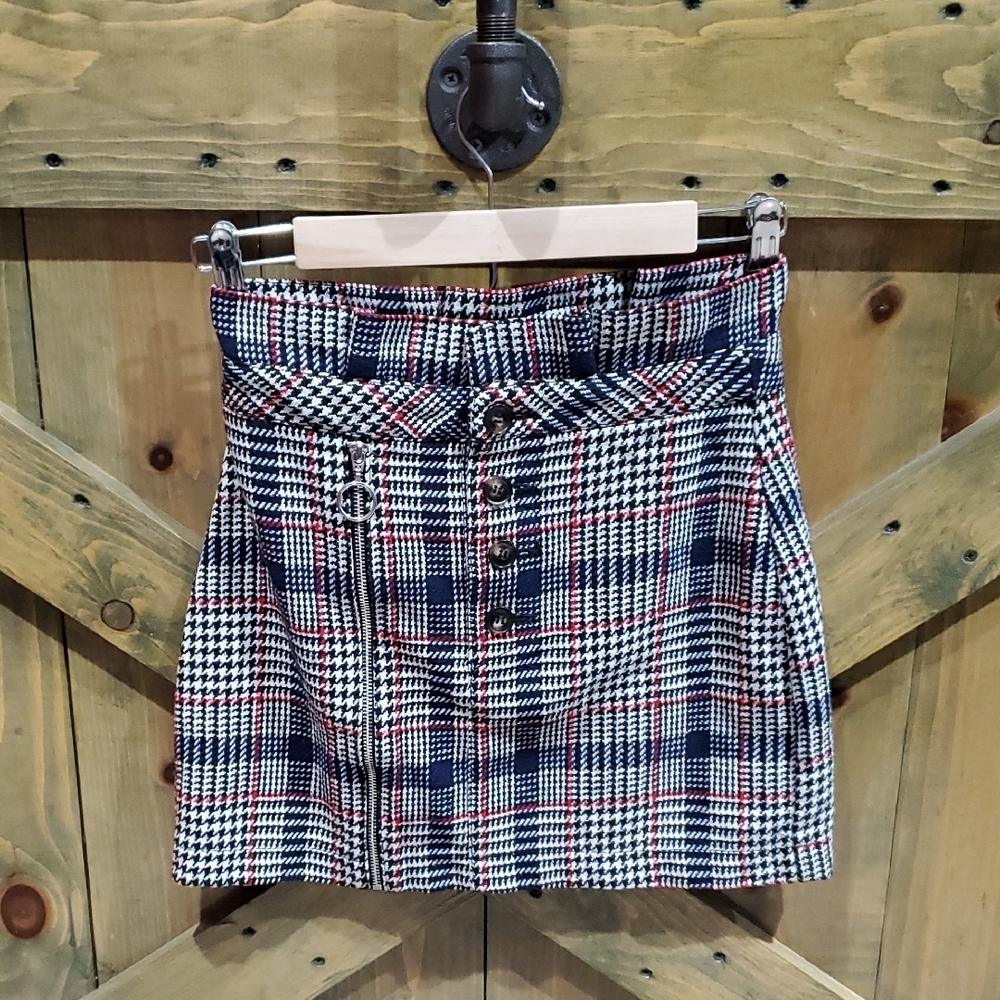 Topshop Navy and Red Black White Plaid Mini Skirt Smart Preppy Square Nerd Skool